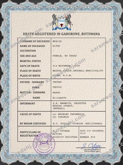 Botswana vital record death certificate PSD template